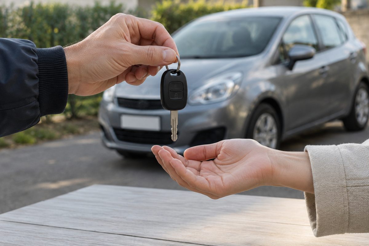 Remise d’une clé de voiture entre deux personnes devant un véhicule stationné